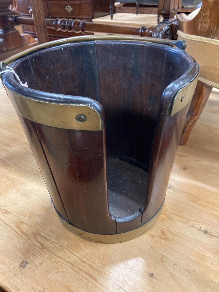 A George III brass bound staved mahogany plate bucket, 33cm diameter, height 33cm